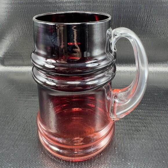 TARNOWIEC Poland Large Ruby Red Glass Beer Stein Jug With Clear Handle Vase VTG - Picture 15 of 15
